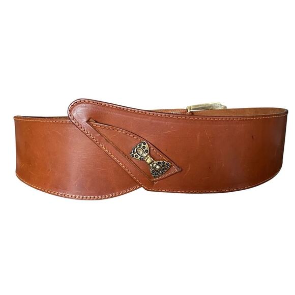 Vintage Brown Leather Wide Waist Belt Bow Detail Size large - Picture 1 of 8